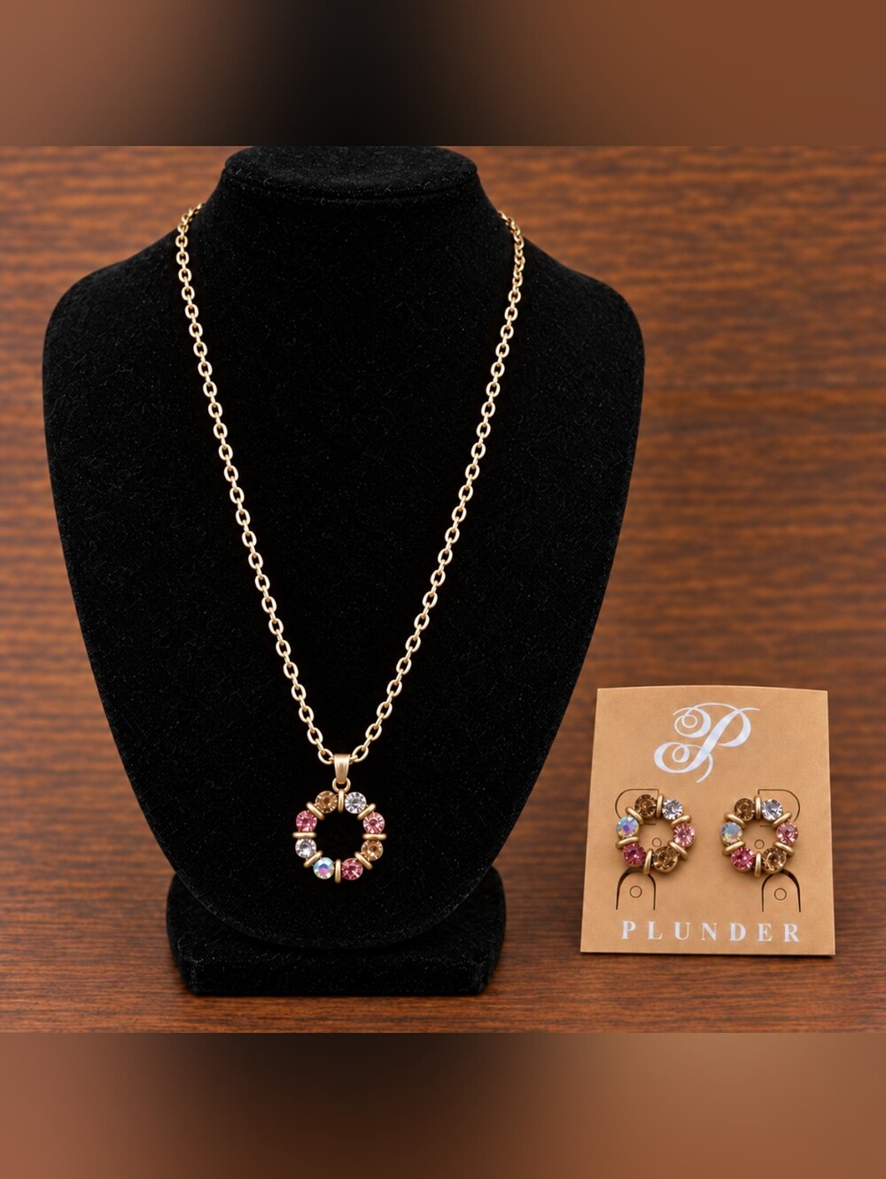 NIP Plunder Long Gold-Tone Multicolor Rhinestone Necklace & Earrings Set